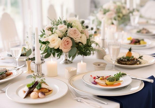 Mesa de boda elegante con platos refinados y detalles florales