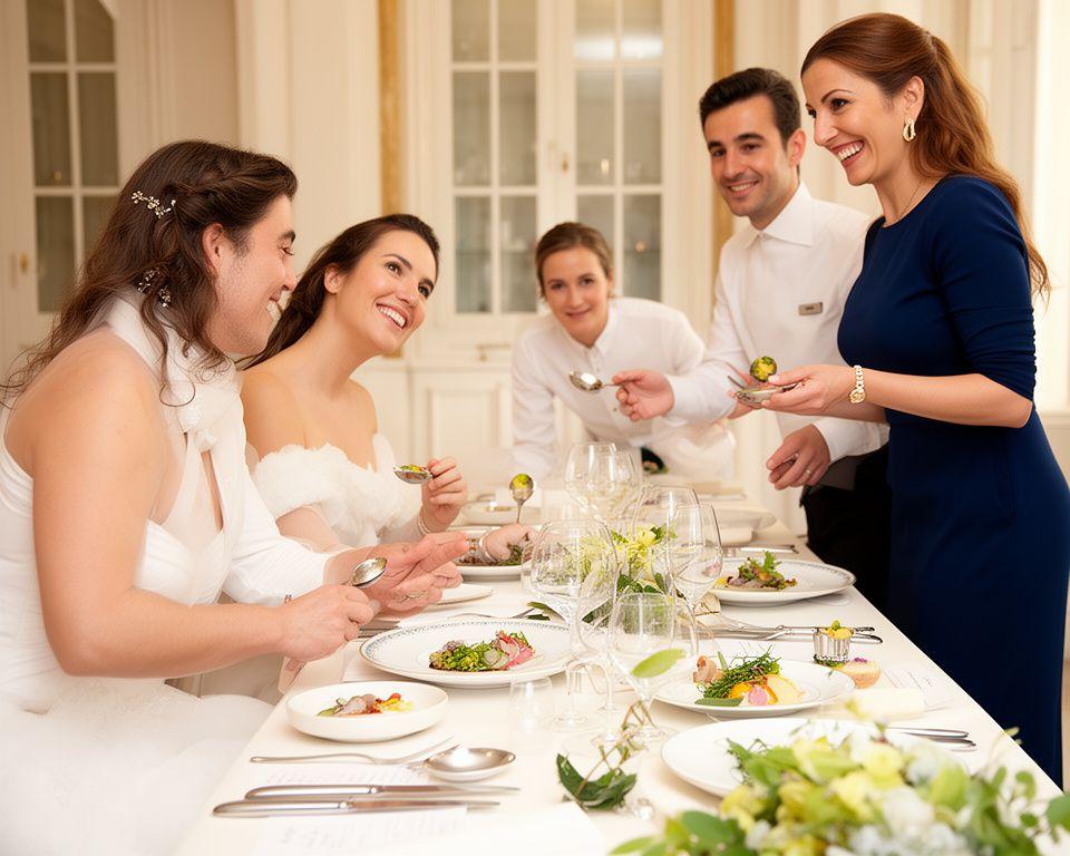 Pareja de novios degustando un menú de boda con el equipo de catering de Pluma Azul