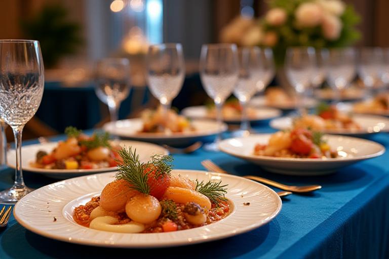 Banquete del Menú Pavo Real con presentación vistosa para una boda de gala