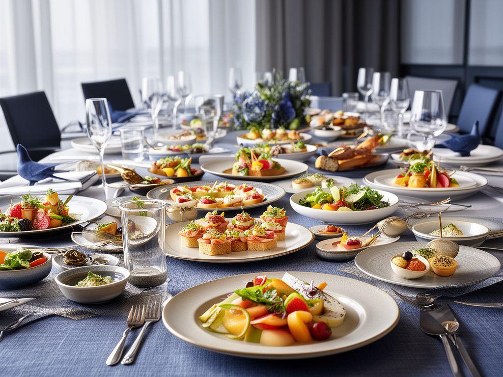 Mesa de catering corporativo elegante con bocados saludables, frutas frescas y presentación sofisticada en una reunión de empresa